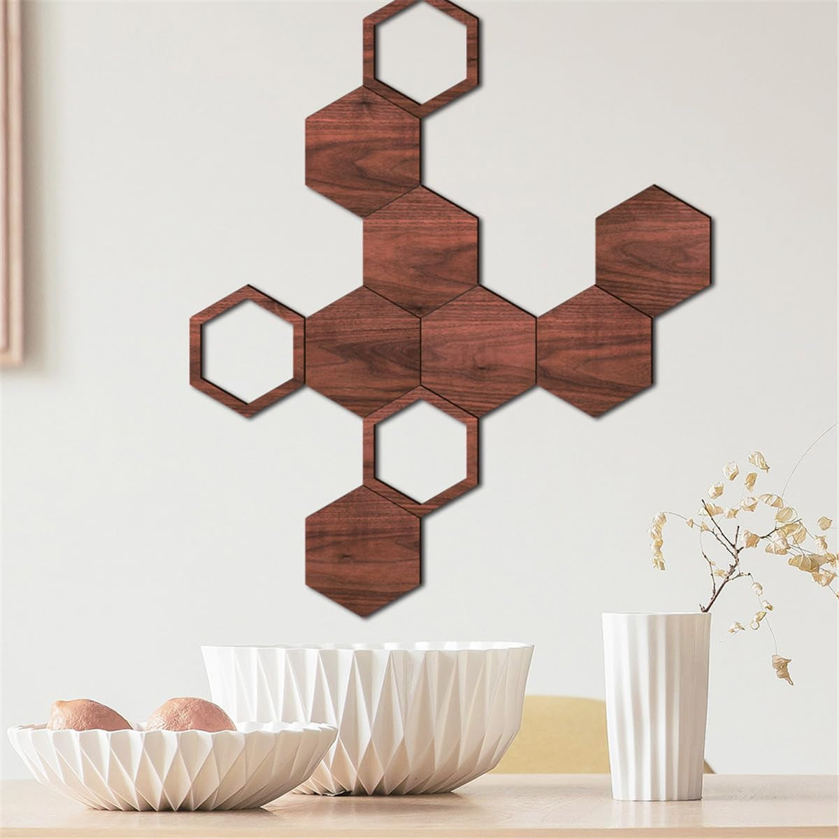 Honeycomb Wood Wall Art - Modern Hollow Hexagon Decor Panels for DIY Geometric Wall Sculptures, Self-Adhesive Honeycomb Decorations for Bedroom, Living Room, Kitchen, and Home Office