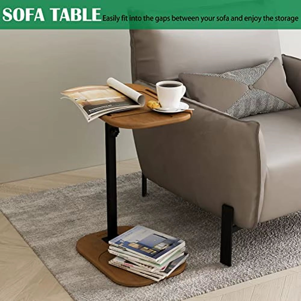 Adjustable Height C-Shaped End Table for Small Spaces with Swivel TV Tray and Phone Slot - Natural Wood Base, Easy Assembly