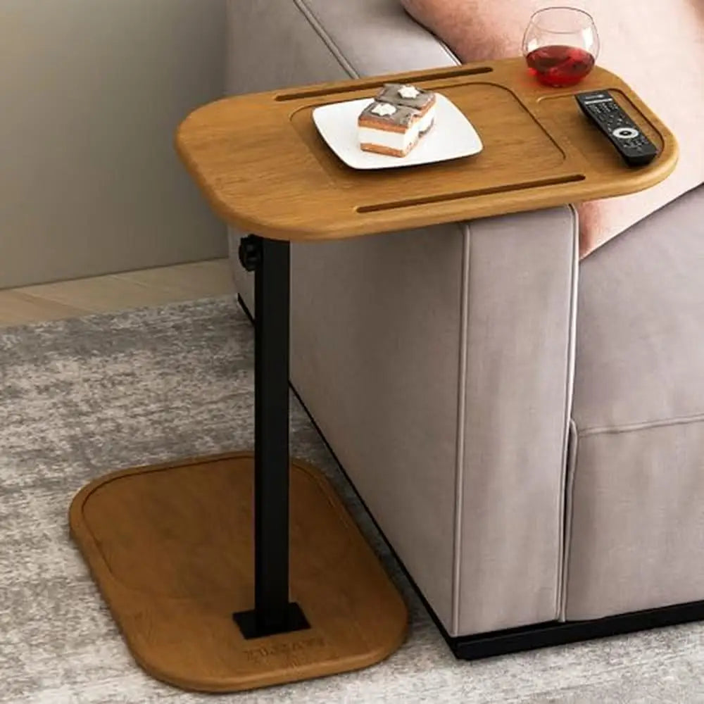 Adjustable Height C-Shaped End Table for Small Spaces with Swivel TV Tray and Phone Slot - Natural Wood Base, Easy Assembly