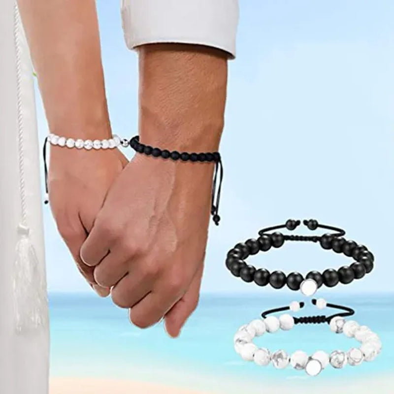 2 Pieces Natural Stone Beads Magnetic Bracelet Couple Connecting Bracelet Valentine'S Day Gift for Couple Him and Her CAX