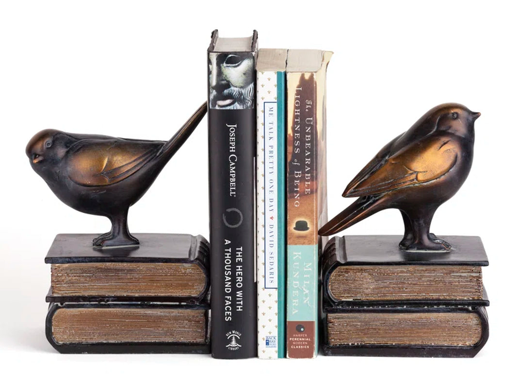  Farmhouse Resin Bookends with Birds on Books Design and Non-Skid Base