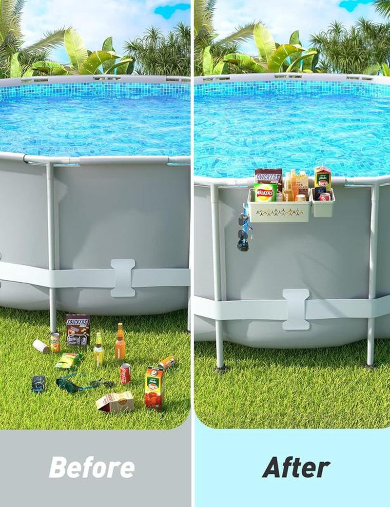 Poolside Storage Baskets - Set of 2 - Gray Pool Accessory Organizers with Cup Holders and Hooks for Above Ground Pools