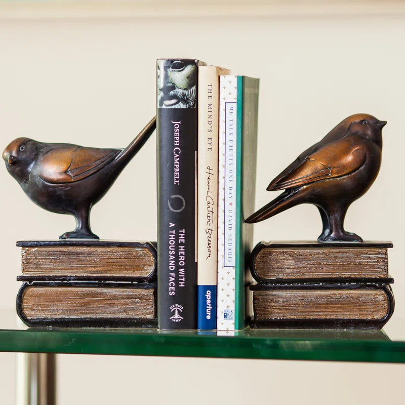  Farmhouse Resin Bookends with Birds on Books Design and Non-Skid Base