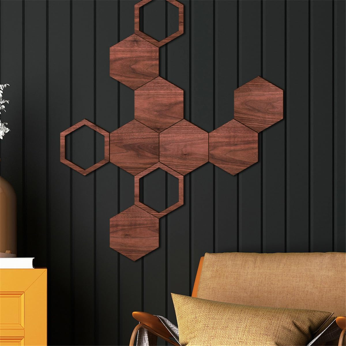 Honeycomb Wood Wall Art - Modern Hollow Hexagon Decor Panels for DIY Geometric Wall Sculptures, Self-Adhesive Honeycomb Decorations for Bedroom, Living Room, Kitchen, and Home Office