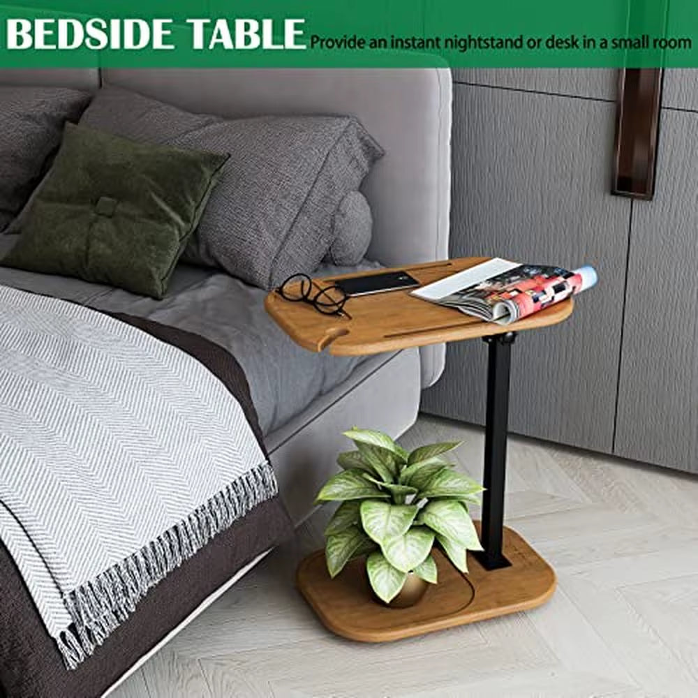 Adjustable Height C-Shaped End Table for Small Spaces with Swivel TV Tray and Phone Slot - Natural Wood Base, Easy Assembly