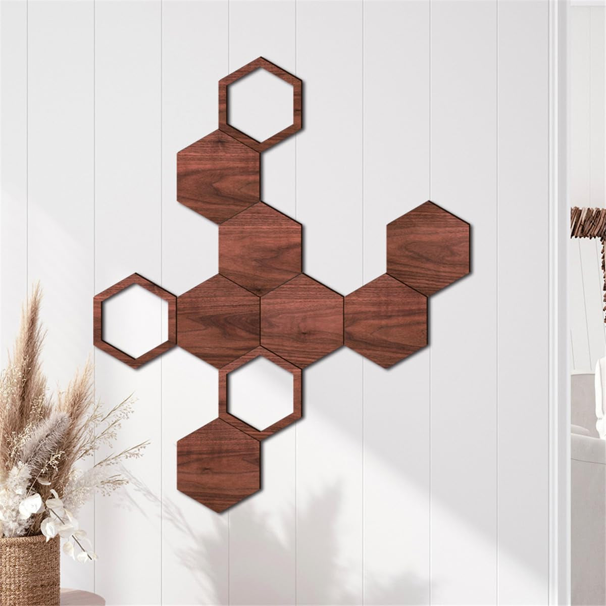 Honeycomb Wood Wall Art - Modern Hollow Hexagon Decor Panels for DIY Geometric Wall Sculptures, Self-Adhesive Honeycomb Decorations for Bedroom, Living Room, Kitchen, and Home Office