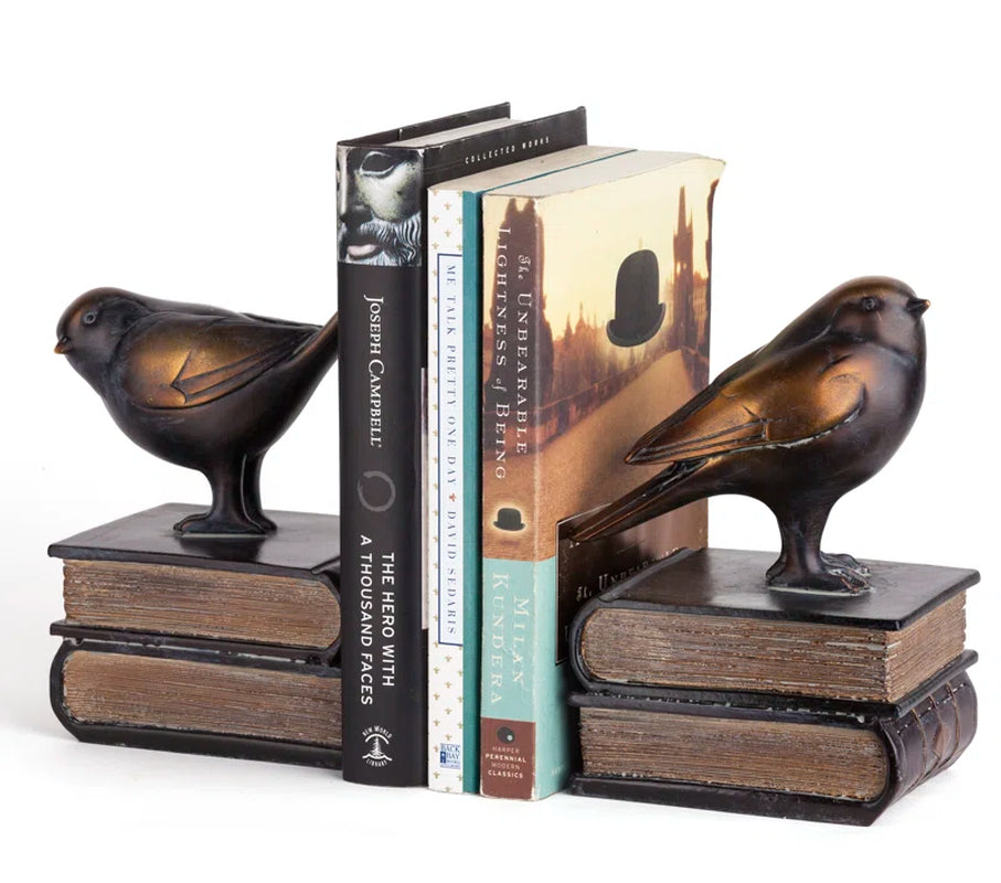  Farmhouse Resin Bookends with Birds on Books Design and Non-Skid Base