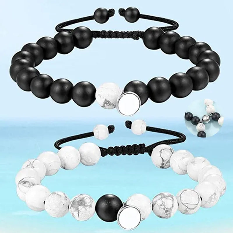 2 Pieces Natural Stone Beads Magnetic Bracelet Couple Connecting Bracelet Valentine'S Day Gift for Couple Him and Her CAX